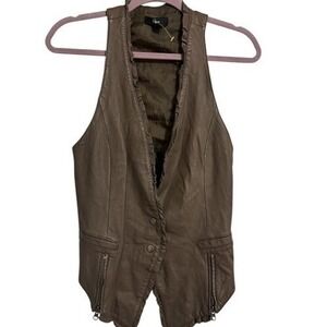 Aqua Leather Vest Ruffle Trim‎ Zip Pockets Brown Fitted Sleeveless Medium